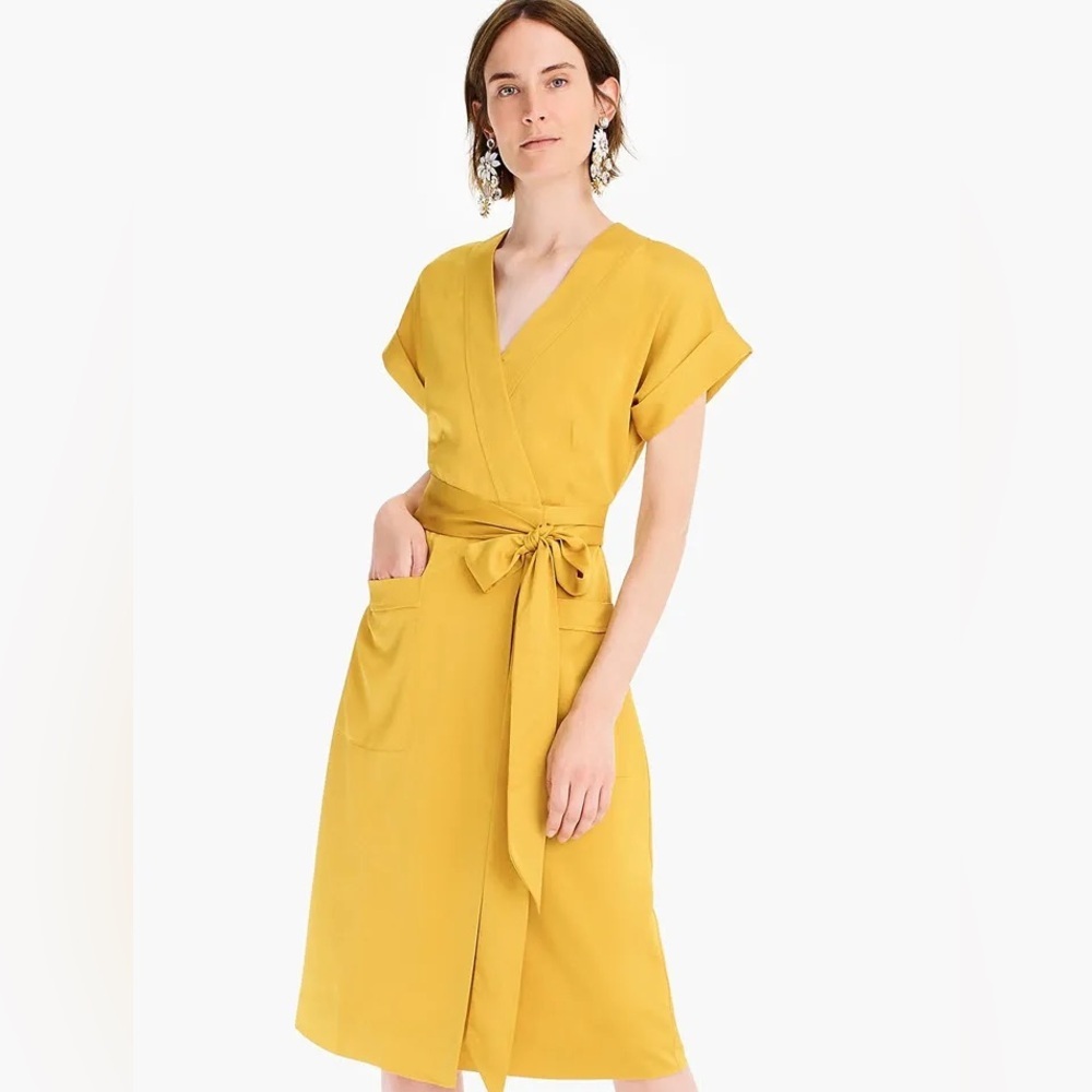 J.Crew Mustard Yellow Wrap Midi Dress Short Sleeve Tie Waist Size S